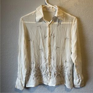 Equipment Silk Blouse Ivory With Stitched Leaves Semi Sheer Small Women